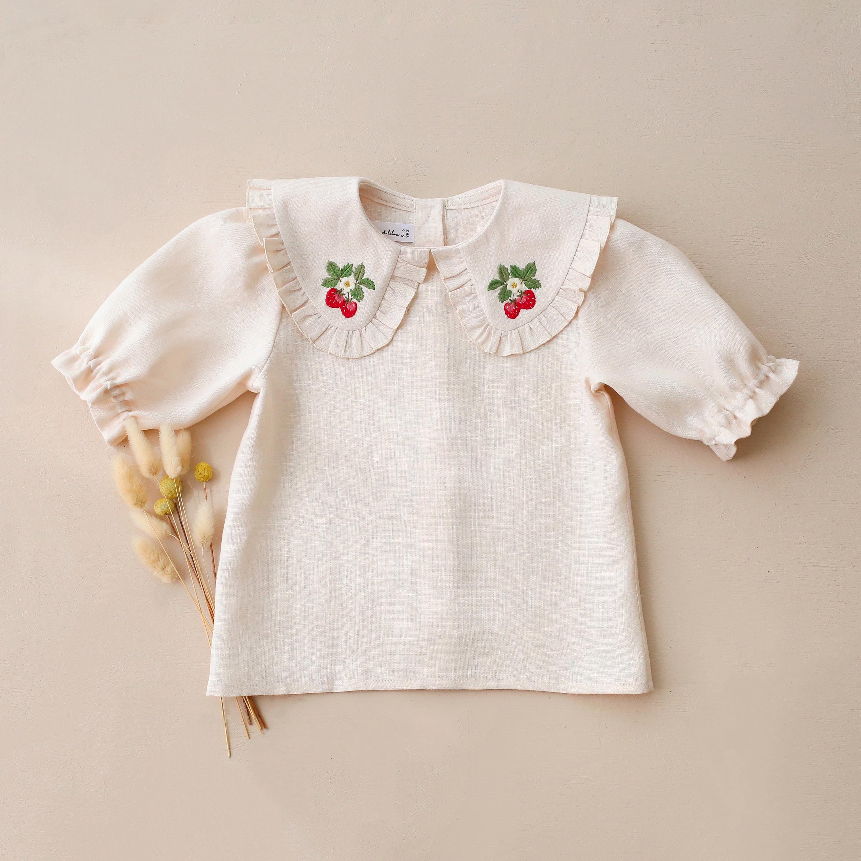 Ivory Linen Girl's Blouse with Frilled Collar & "Strawberry" Embroidery, Handmade Vintage Summer Toddler Top