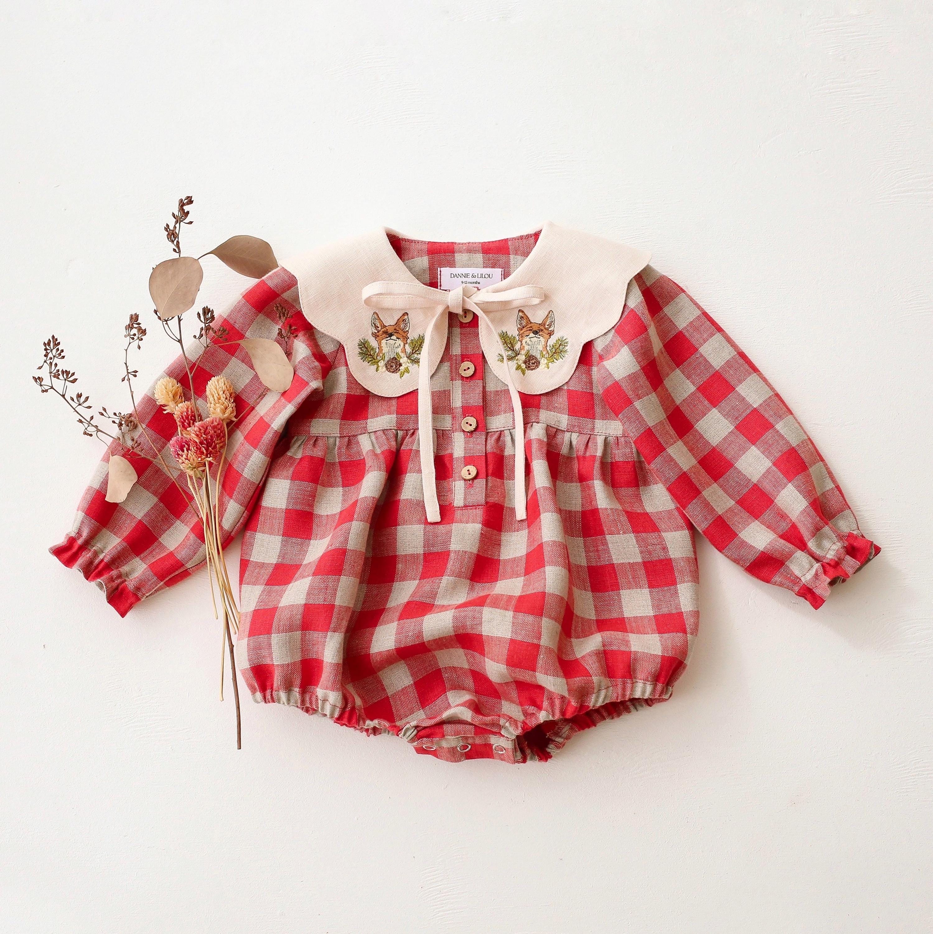 Baby Romper in CHERRY CHECK Linen with Embroidered Petal Collar "Fox with Pinecone"