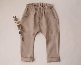 Kids Linen Buttoned Pants | Color Beige