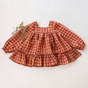 Girl Linen Long Sleeve Ruffled Hem Top | Color Butternut Check