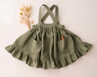 Girl Linen Straps Pinafore with Frills | Color Olive