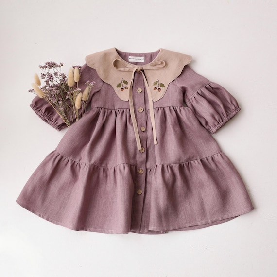 Girl Linen Dress, Toddler Dress, Pale Lilac Linen Lantern Sleeve Dress with Scalloped Collar in Beige Linen | Mini Acorns Embroidery