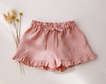 Girl Linen Ruffle Shorts | Color Powder