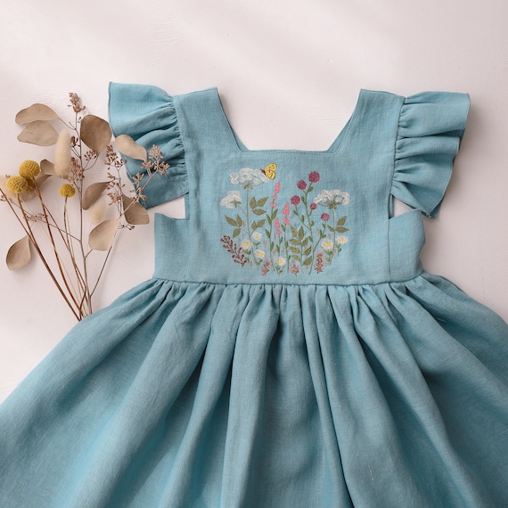 Linen Flutter Sleeve Square Neckline Dress for Girls Flower Girl Dress Color Duck Egg Blue wildflowers With Butterfly Embroidery Etsy