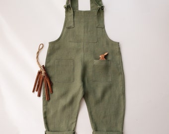 Kids Linen Dungarees | Color Olive