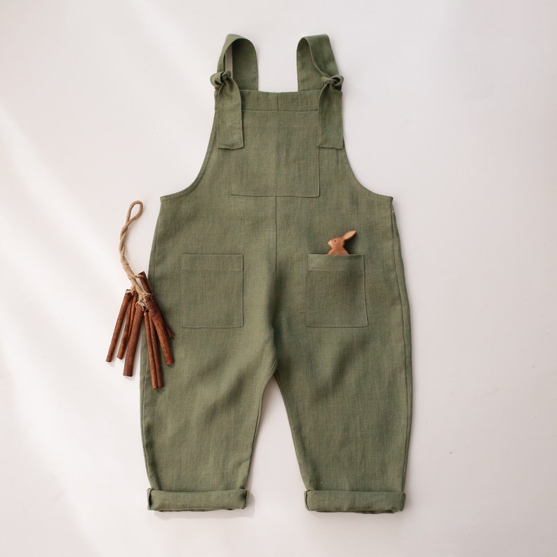 Kids Linen Dungarees Color Olive image 1