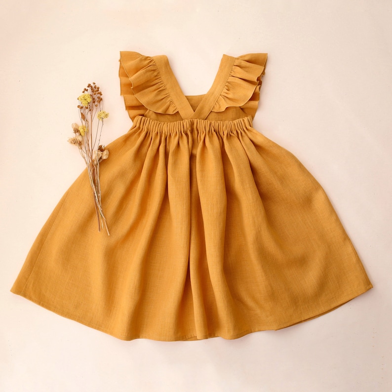 Girl Linen Dress with Ruffled Bodice Color Amber image 5