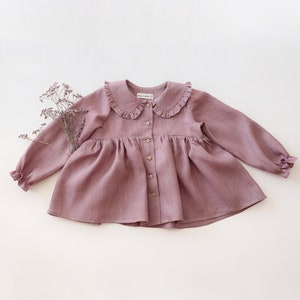 Girl Linen Long Sleeve Frilled Collar Blouse with Curved Waistline | Color Pale Lilac