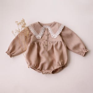 Baby Romper, Baby Girl Linen Long Sleeve Pointed Collar Bubble Romper with Lace | Color Beige