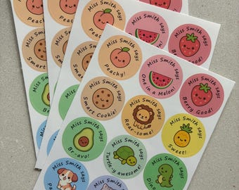 48pcs Personalised Teacher Merit Stickers | Custom Name Reward Stickers | Cute Classroom Praise Stickers | Kawaii School Stickers 2.5cm