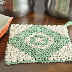 Crochet pot holder, neutral hot pad, unique home gift, kitchen accessory, neutral decor, light green and ecru,  pot holder, trivet