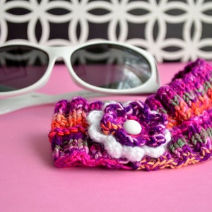 Ladies&#39; headband, hand knit headband with crochet flower, school accessories, bright color earwarmer, teen headband, handmade gift