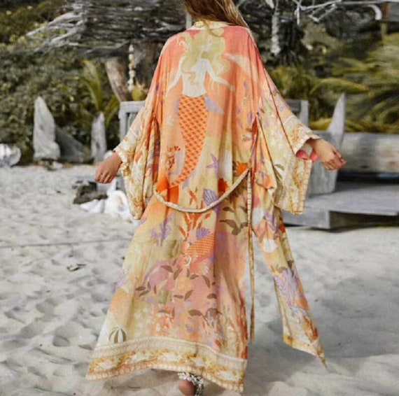 Orange Mermaid Print Cover up Kimono 