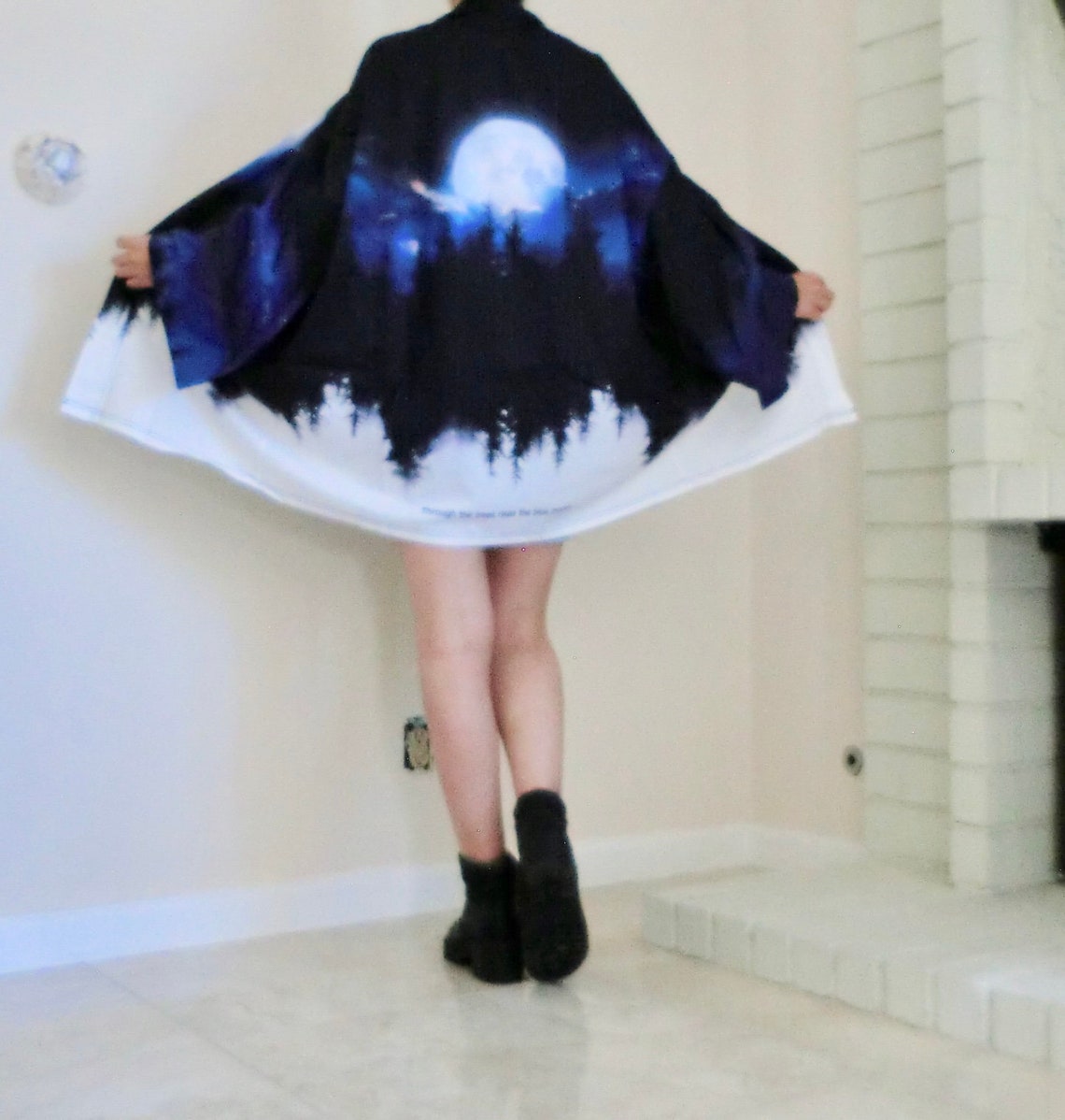 Moon Pattern Unisex Kimono, Night Mountain Pattern Print Kimono ...