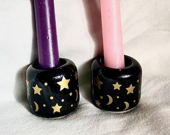 Celestial Chime Candle Holders / Set of 2 / Starry Taper / Mini Ritual Witch's Altar / Moon and Stars