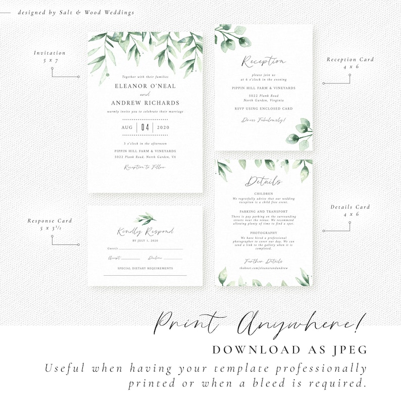 Elegant Wedding Invitation Set Rustic Wedding Suite with Eucalyptus Greenery Editable Printable Template INSTANT DOWNLOAD #007