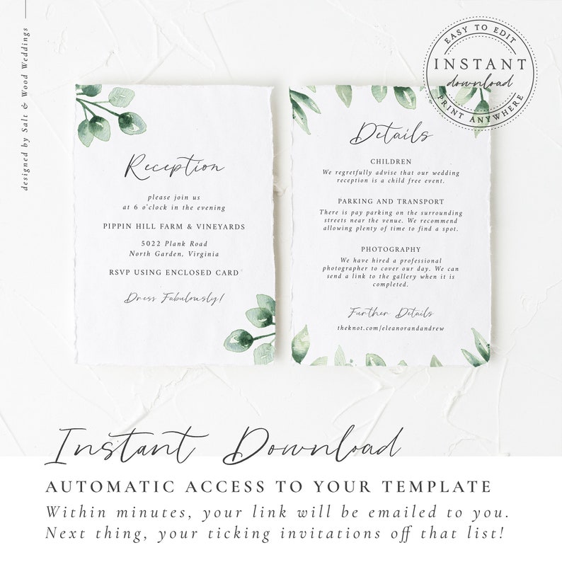 Elegant Wedding Invitation Set Rustic Wedding Suite with Eucalyptus Greenery Editable Printable Template INSTANT DOWNLOAD #007