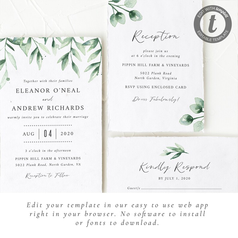 Elegant Wedding Invitation Set Rustic Wedding Suite with Eucalyptus Greenery Editable Printable Template INSTANT DOWNLOAD #007