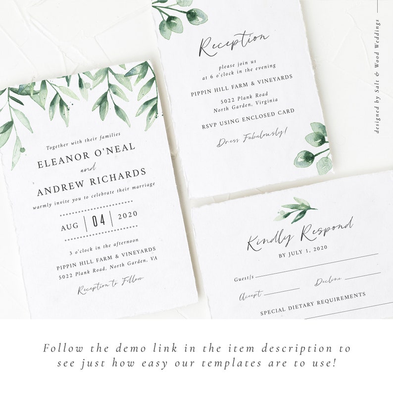 Elegant Wedding Invitation Set Rustic Wedding Suite with Eucalyptus Greenery Editable Printable Template INSTANT DOWNLOAD #007