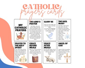 May include: Set of Catholic prayer cards with various prayers, including "The Lord's Prayer" and "Hail Mary." Each card features watercolor illustrations of religious symbols and text. The cards are arranged on a white background with a peach and coral design.