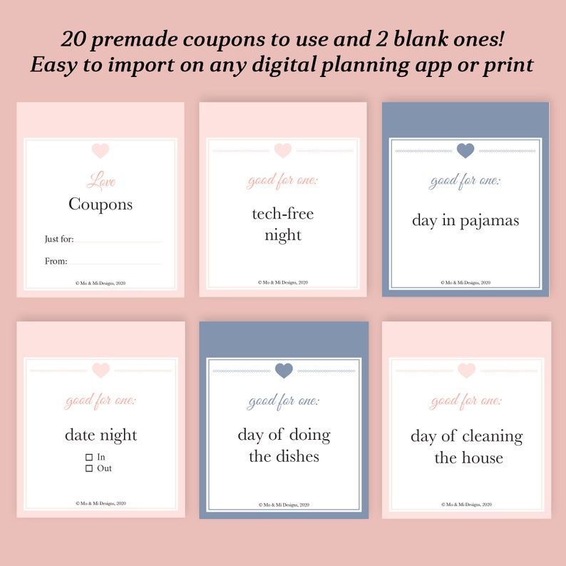 May include: Twenty printable love coupons with pink and blue backgrounds. The coupons include options like "tech-free night", "day in pajamas", "date night", "day of doing the dishes", and "day of cleaning the house".