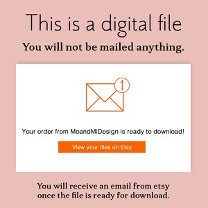 May include: A white screen with a message that says "This is a digital file. You will not be mailed anything."  An orange envelope icon with a red "1" notification is displayed. The text "Your order from MoandMiDesign is ready to download!" is below the icon. A button that says "View your files on Etsy" is below the text. The text "You will receive an email from etsy once the file is ready for download." is at the bottom of the screen.