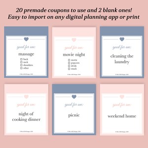 May include: Set of six printable coupons with a pink and blue color scheme. Each coupon has a heart at the top and says "good for one:" followed by a different activity. The activities are: massage, movie night, cleaning the laundry, night of cooking dinner, picnic, and weekend home.