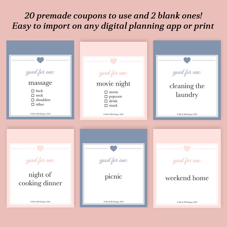 May include: Set of six printable coupons with a pink and blue color scheme. Each coupon has a heart at the top and says "good for one:" followed by a different activity. The activities are: massage, movie night, cleaning the laundry, night of cooking dinner, picnic, and weekend home.