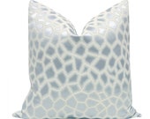 Faux Silk Safari Mist pillow COVER ONLY animal print giraffe print designer fabric home decor soft blue faux silk pale blue