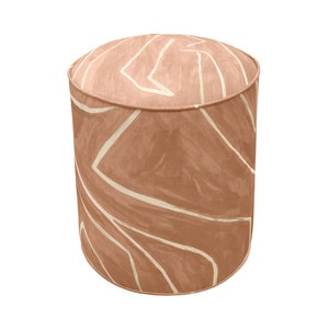 May include: A round, brown ottoman with a white abstract pattern. The ottoman is made of fabric and has a smooth, rounded top.