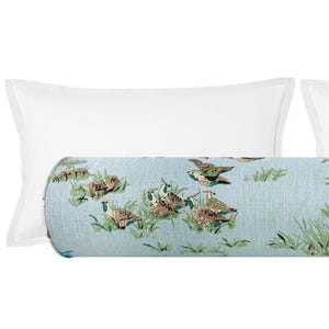 Schumacher Pointers // Sky Bolster | roll pillow | linen | blue bolster pillow | bedroom decor |