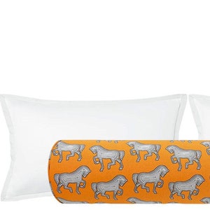 Schumacher Faubourg // Orange Bolster | roll pillow | linen | orange bolster pillow | bedroom decor |