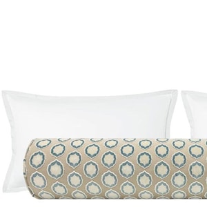 Manuel Canovas Tiana // Ciel + Ivoire Bolster | Cowtan & Tout | cut velvet roll pillow | blue cut velvet |