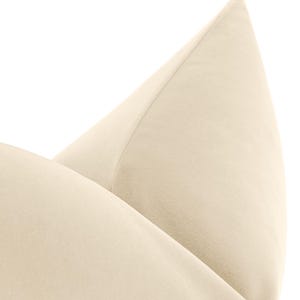 May include: A close-up of a cream-colored velvet pillow with a smooth, soft texture.