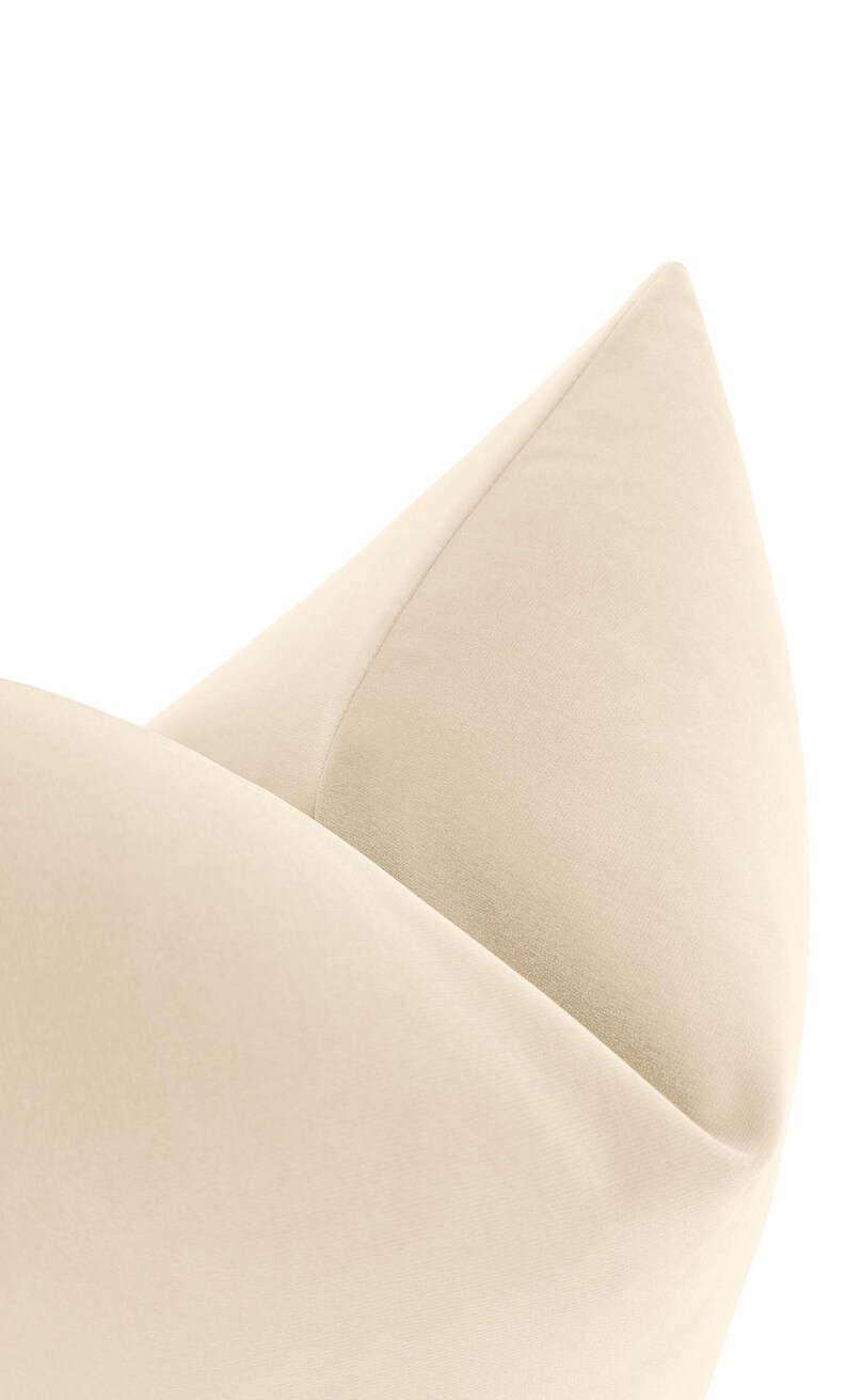 May include: A close-up of a cream-colored velvet pillow with a smooth, soft texture.