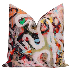 Street Diptyque | Pierre Frey graffiti print | multi color pillow | designer fabric |