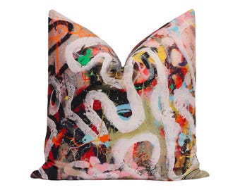 Street Diptyque | Pierre Frey graffiti print | multi color pillow | designer fabric |