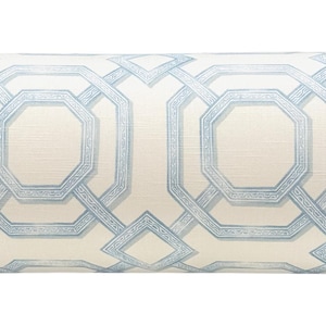 May include: A cylindrical bolster pillow featuring an off-white base fabric with a repeating geometric pattern in light blue. The design consists of interconnected octagonal and diamond shapes, creating a structured, symmetrical visual motif.