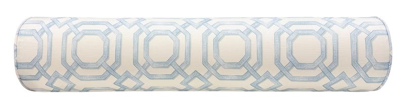 May include: A cylindrical bolster pillow featuring an off-white base fabric with a repeating geometric pattern in light blue. The design consists of interconnected octagonal and diamond shapes, creating a structured, symmetrical visual motif.