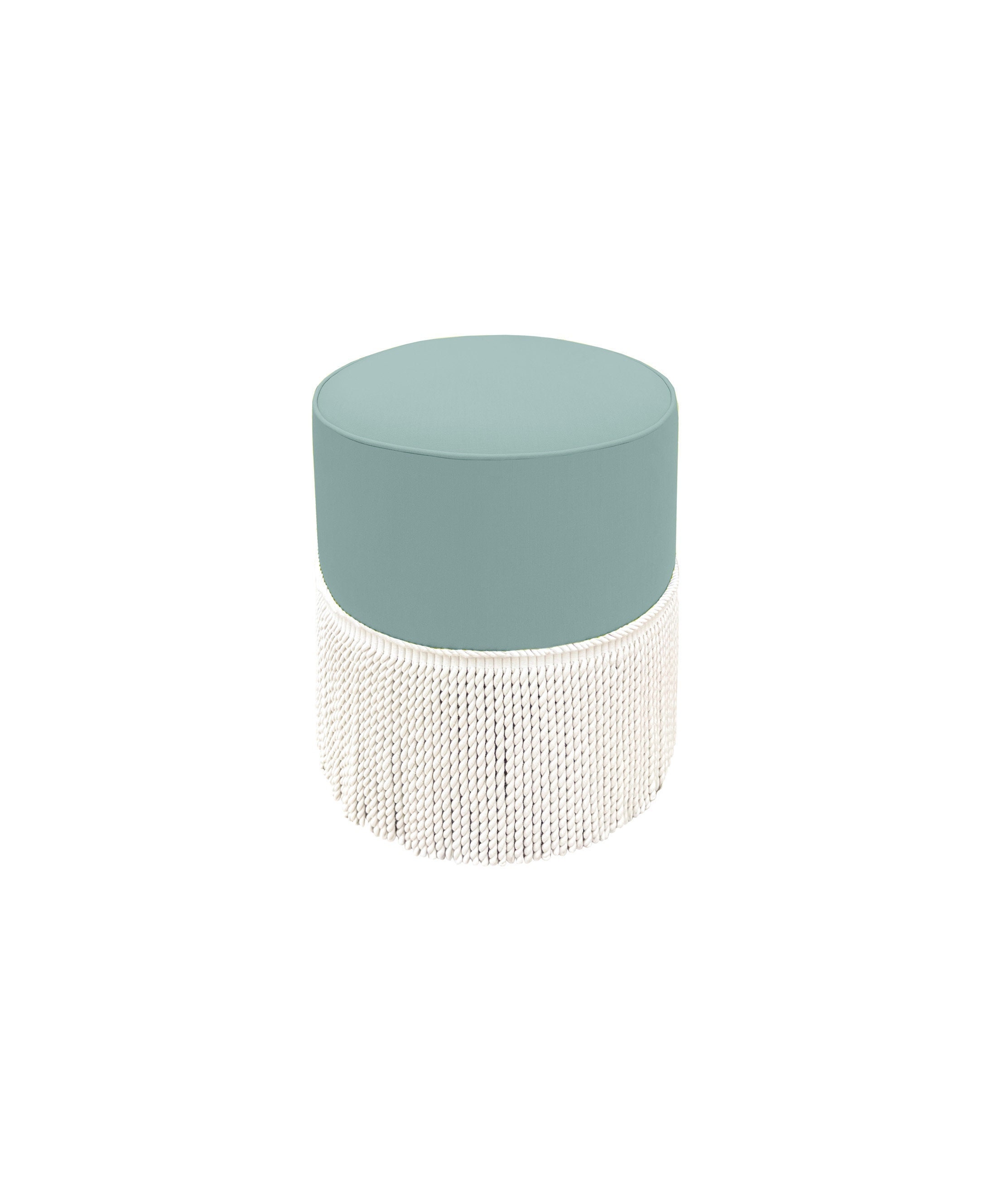 The Tight Round Ottoman : Classic Linen // Spa Blue + Bullion Fringe | linen | round stool | upholstered ottoman |