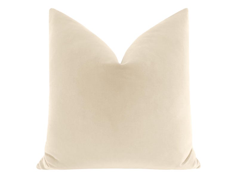 May include: A cream-colored velvet pillow with a square shape and a smooth, soft texture.