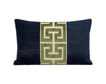 The Little Lumbar : Strie Velvet // Navy Blue + Greek Trim // Olive | trim pillow | abstract cut velvet | blue + green |