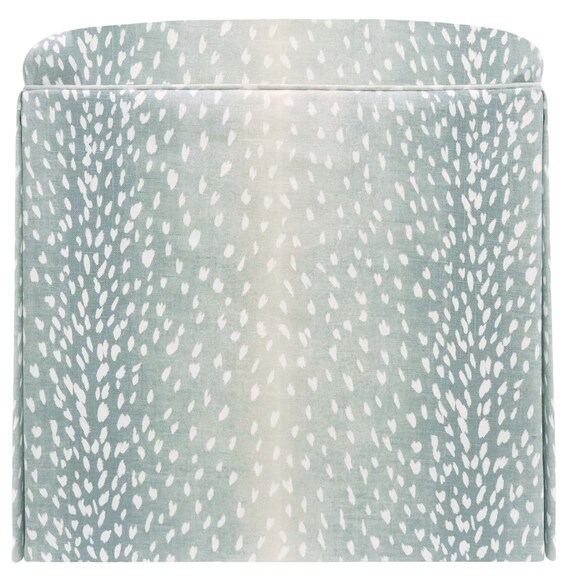 The Skirted Ottoman Antelope Linen Print Spa Blue Upholstered