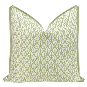 May include: A green and white patterned pillow with a green border. The pattern is a repeating design of stylized leaves.