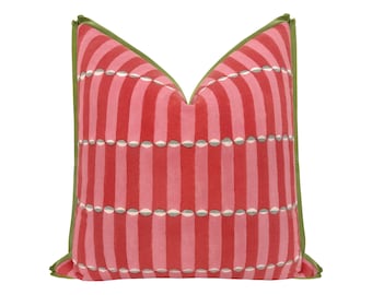 Molly Mahon Luna Hand Block Print // Pink & Red with Butterfly Flange | stripes pillow | flange pillow | pink throw pillow |
