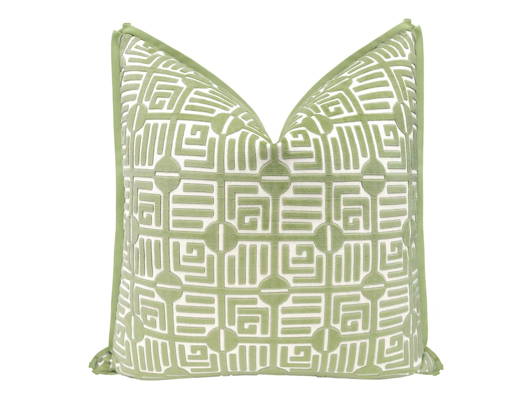 Thibaut Labyrinth Velvet // Sage with Butterfly Flange | green pillow | geometric | designer | - 20X20 inches, Celadon w/ insert
