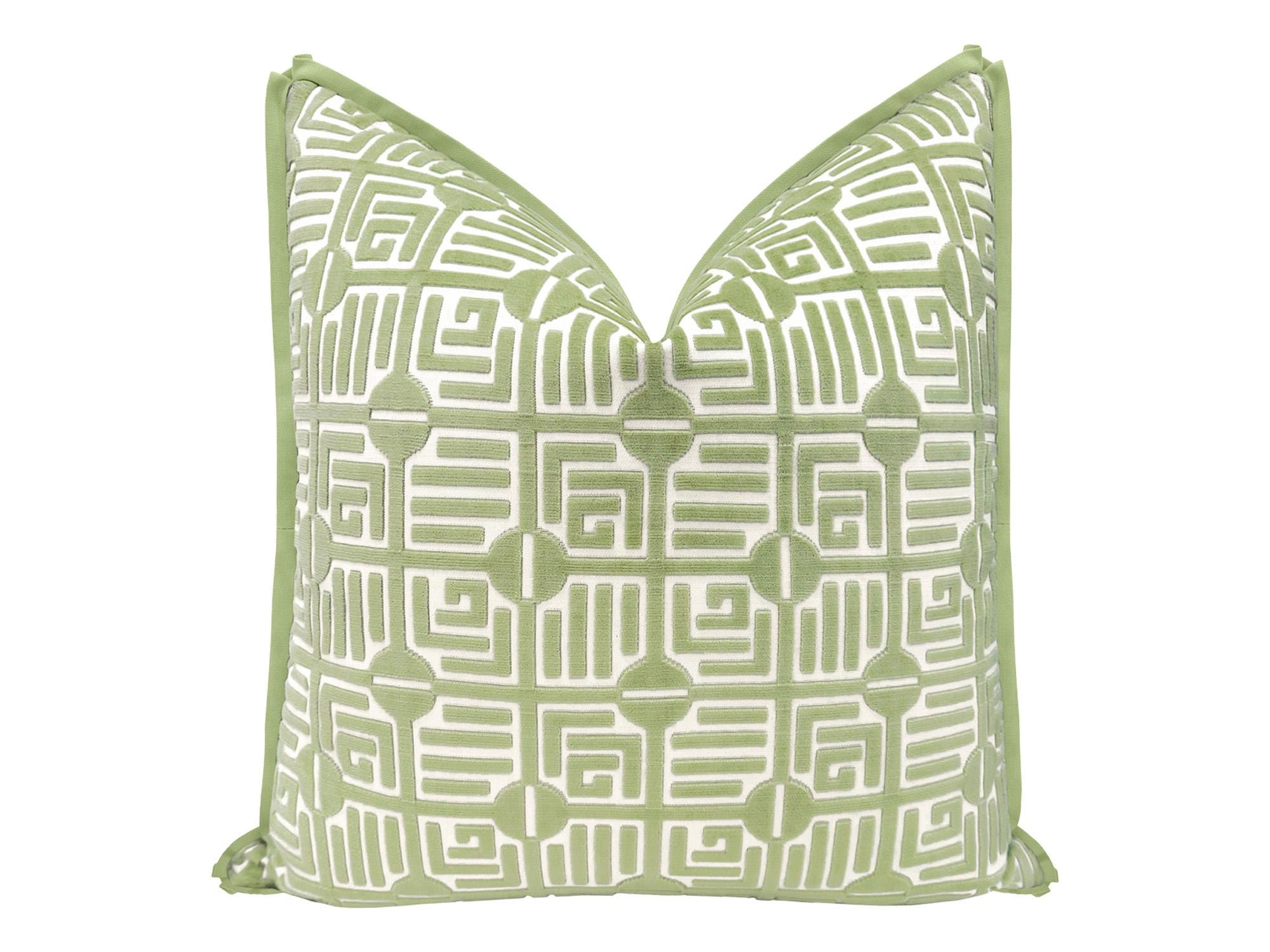 Thibaut Labyrinth Velvet // Sage with Butterfly Flange | green pillow | geometric | designer |
