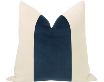 Panel : Signature Velvet // Prussian Blue  | velvet stripe | blue pillow | linen + dark blue velvet |