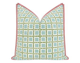 Tiles Print // Spa Blue with Butterfly Flange | flange pillow | green and blue | squares |
