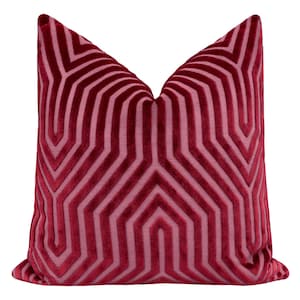 May include: A decorative throw pillow with a geometric pattern. The pillow features a deep red velvet fabric with a lighter red, repeating, angular design. The pillow is square and has a soft, plush appearance, suitable for home decor.